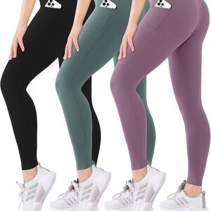 Bundle of 3 Pairs of High-Waist Pocket Leggings for Women - Black, Sage, Mauve